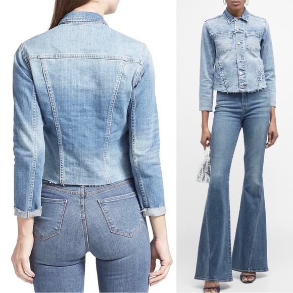 NWT L'AGENCE 90s Distressed Vintage Wash Denim Raw Hem Crop Slim Jean Jacket XS - Picture 13 of 16